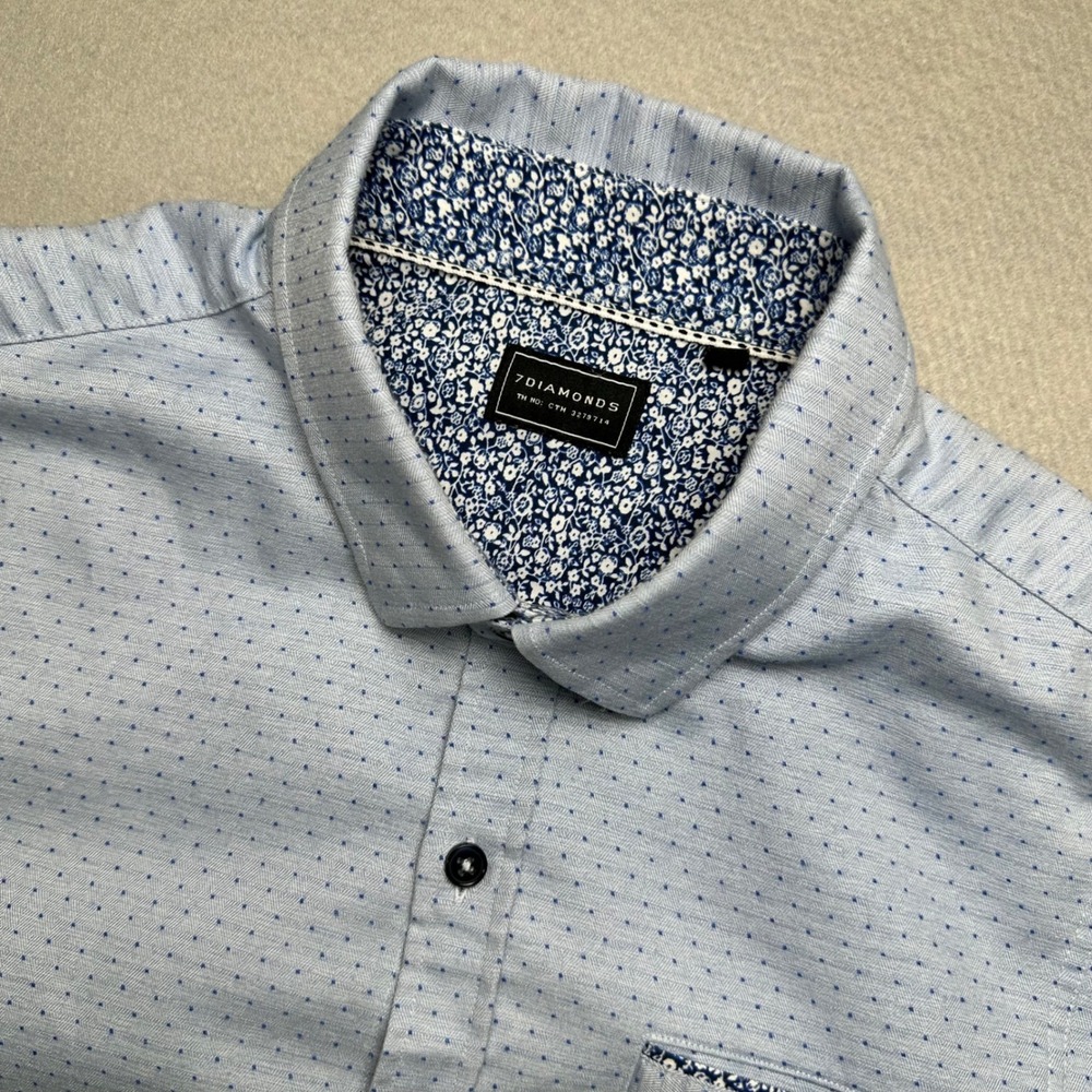 7Diamonds Mantra Shirt Mens M Light Blue Micro Dot Floral Trim Short Sleeve